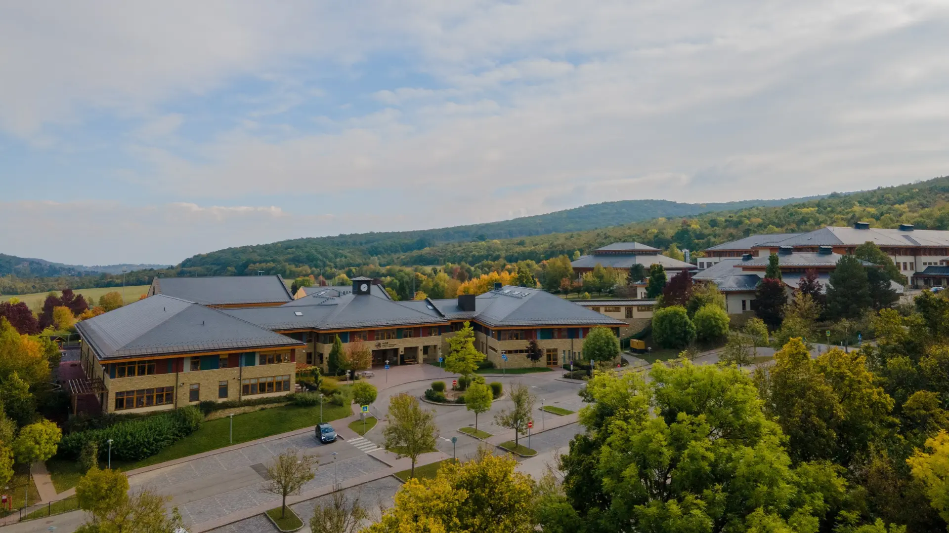 Drone shot from above of the American International School of Budapest